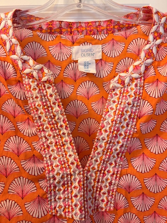 Sigrid Olsen Tops - Sigrid Olsen Orange & Pink Printed Tunic with Embroidered V-Neck